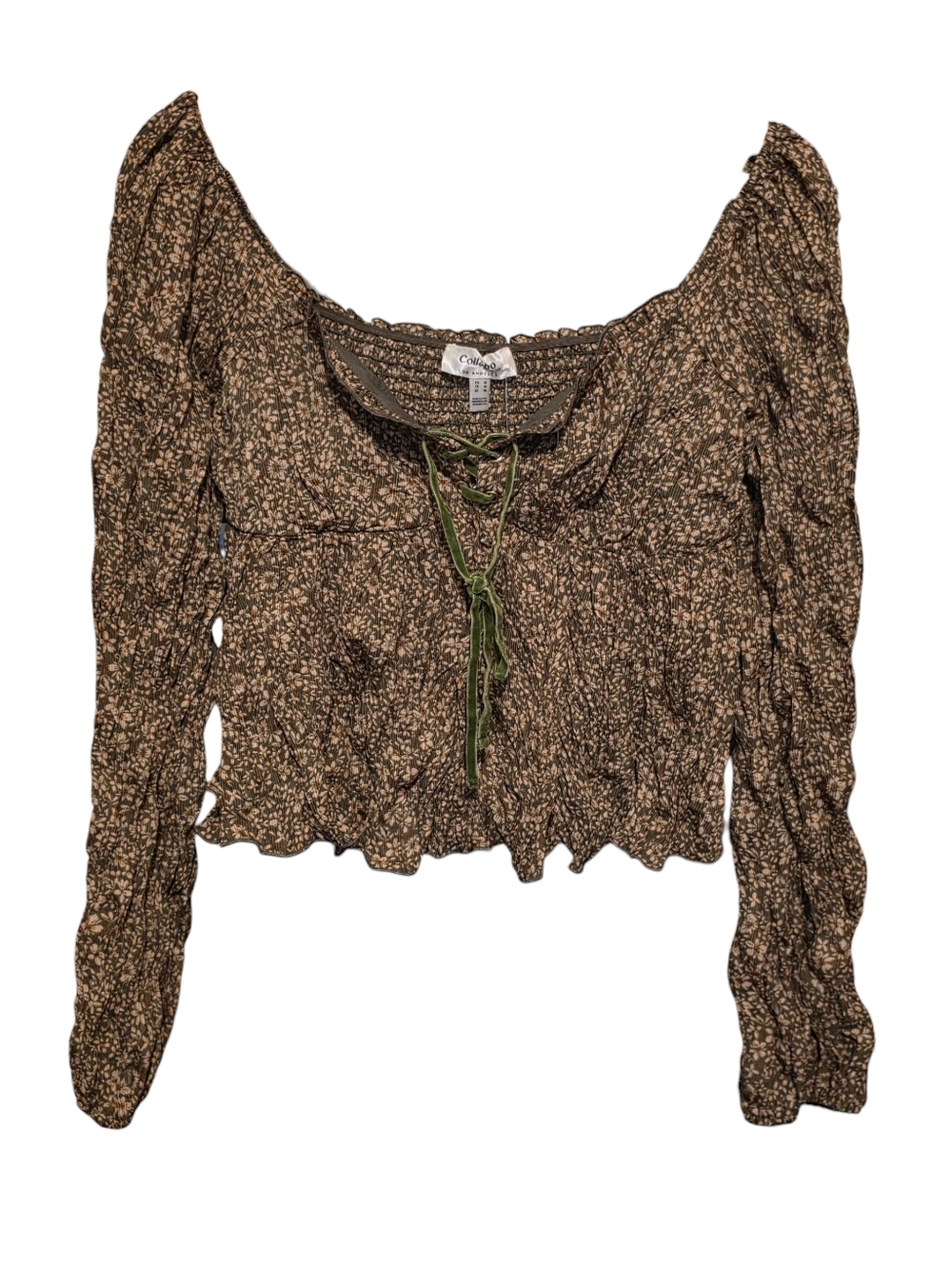Collabo By Privy Sage Floral Crinkle Babydoll Top Velvet Lace Up Front NWOT Sz M